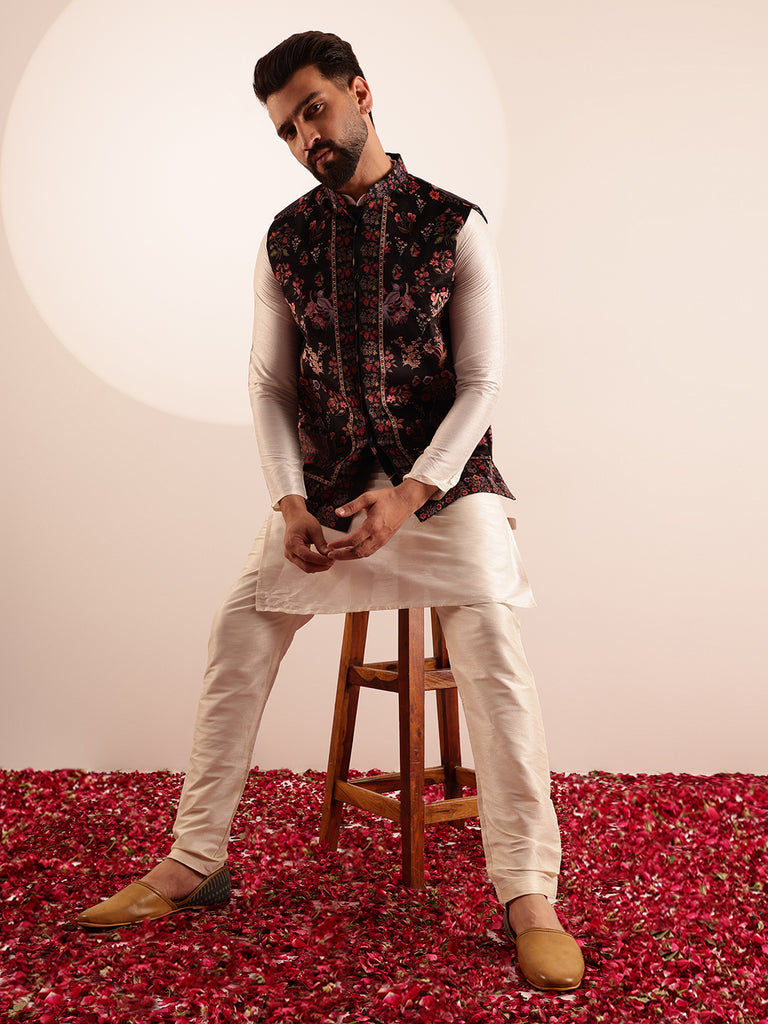 Men's Cream & Black Silk Blend Solid/Plain Kurta Set