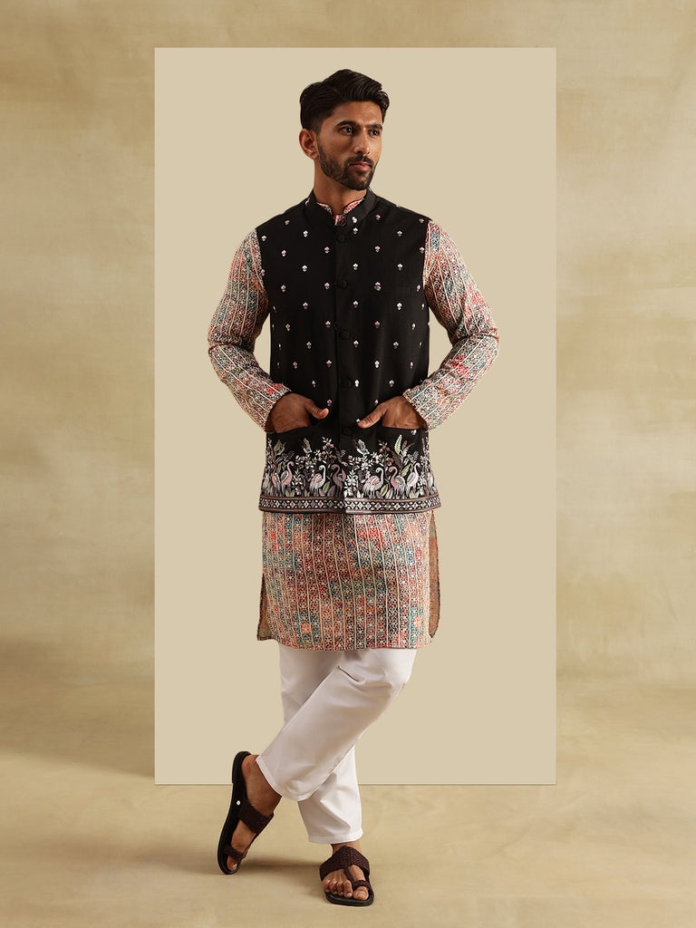 Men's Multi-Color & Black Cotton Embroidered Kurta Set