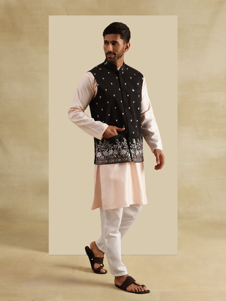 Men's Pink & Black Silk Blend Embroidered Kurta Set