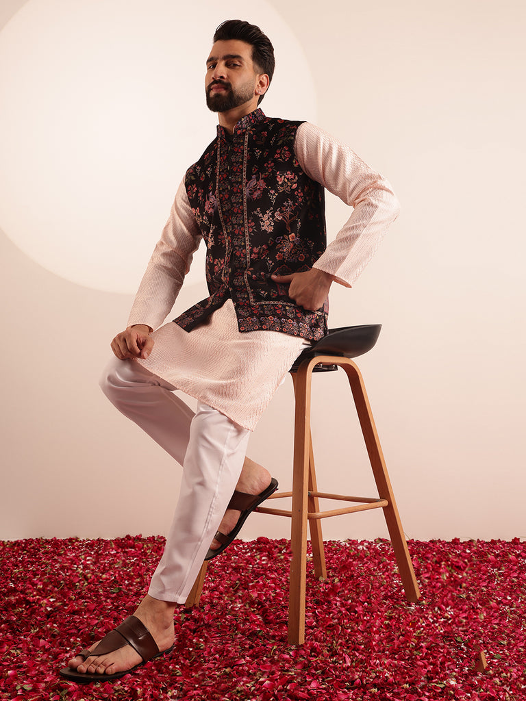 Men's Pink & Black Silk Blend Embroidered Kurta Set