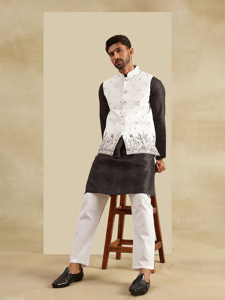 Men's Black & Cream Silk Blend Embroidered Kurta Set