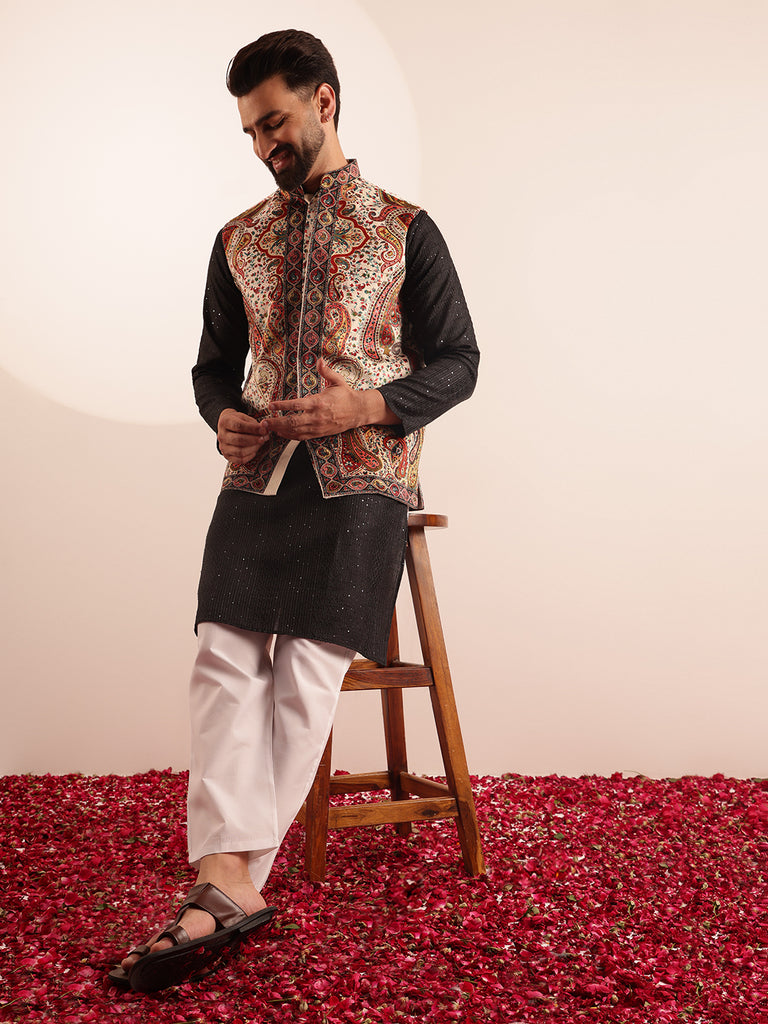 Men's Black & Cream Silk Blend Embroidered Kurta Set