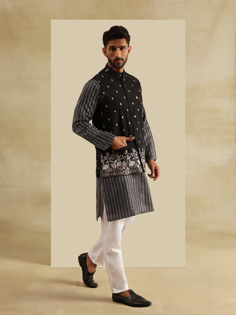 Men's Black Silk Blend Embroidered Kurta Set