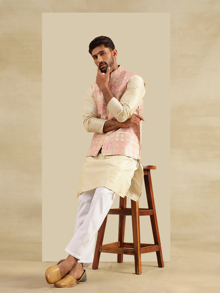 Men's Cream & Pink Silk Blend Stripes Kurta Set