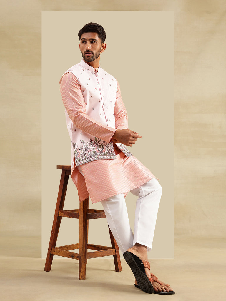 Men's Pink Silk Blend Stripes Kurta Set