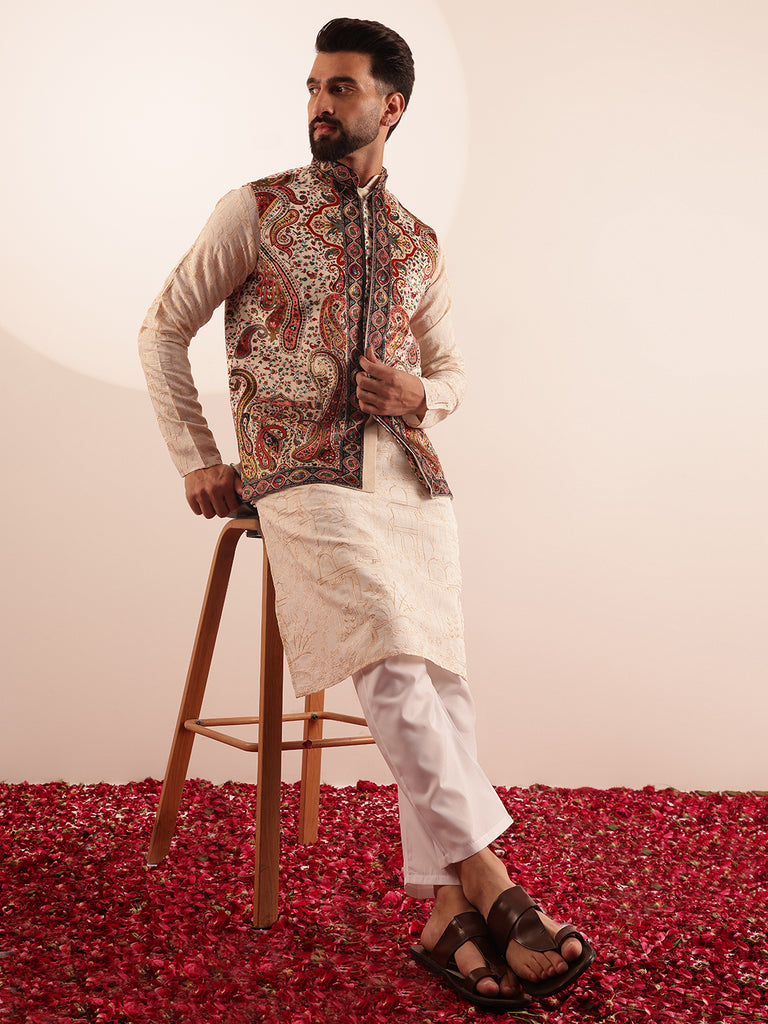 Men's Cream Cotton Woven Kurta Set