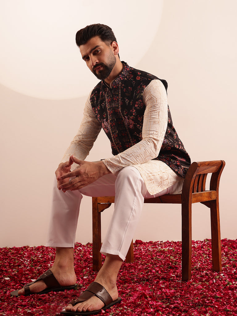 Men's Cream & Black Cotton Woven Kurta Set