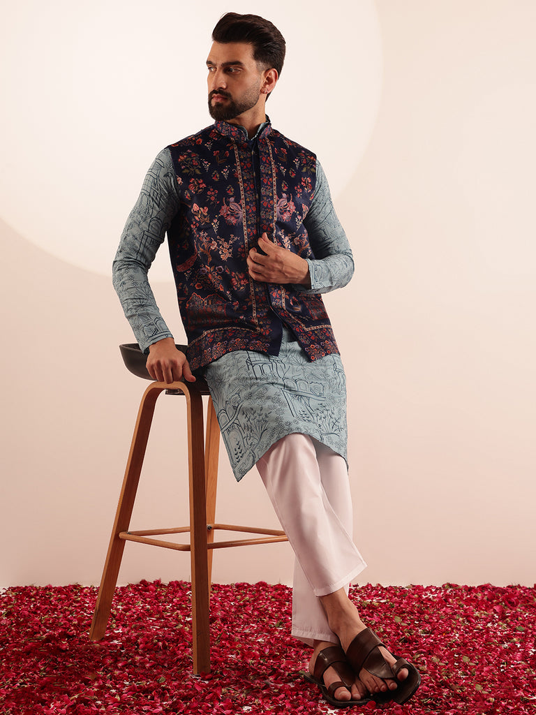 Men's Blue & Navy Blue Cotton Woven Kurta Set