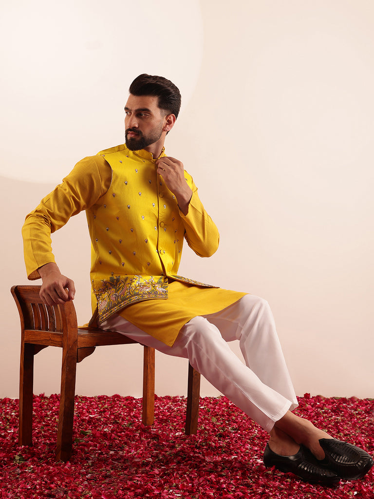 Men's Yellow Cotton Blend Solid/Plain Kurta Set