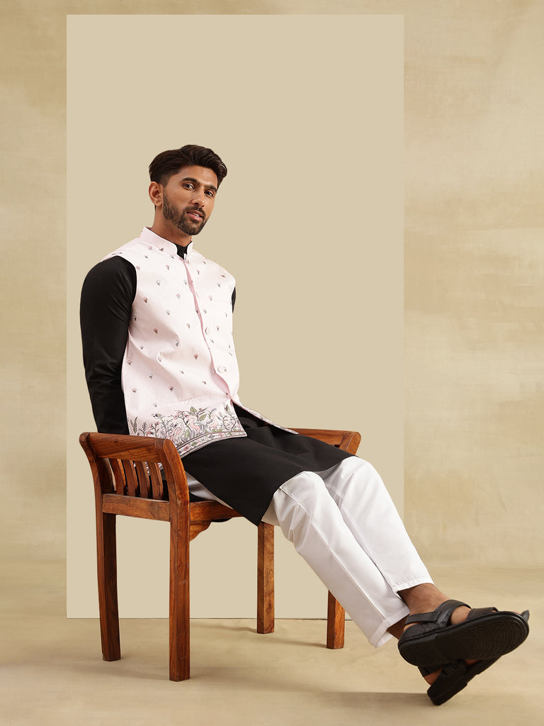 Men's Black & Pink Cotton Blend Solid/Plain Kurta Set