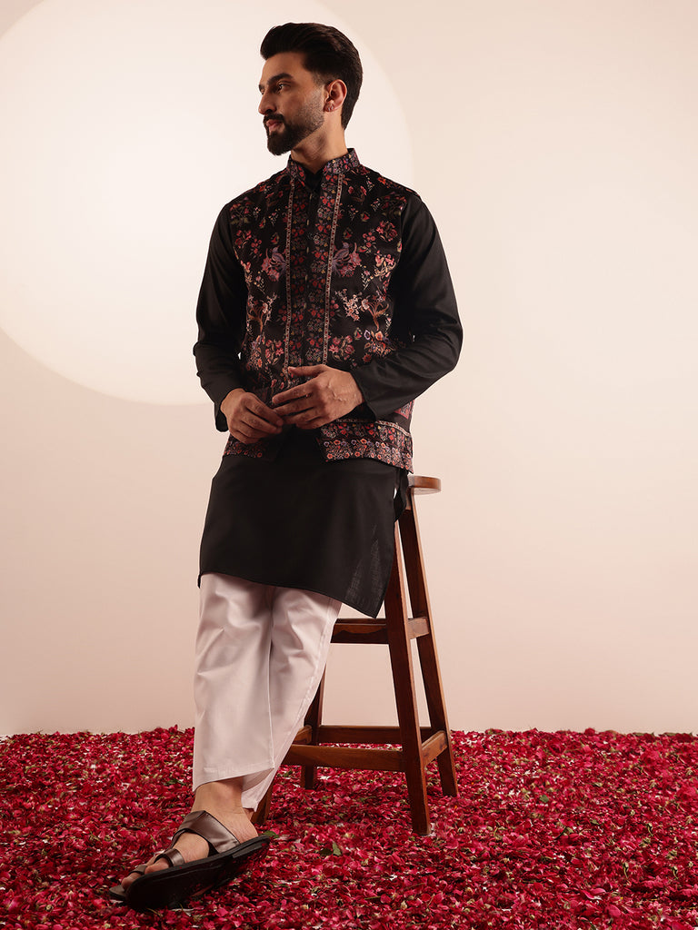 Men's Black Cotton Blend Solid/Plain Kurta Set