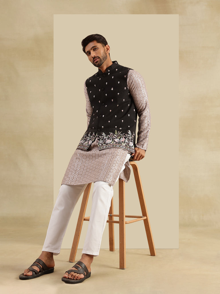 Men's Brown & Black Cotton Embellished/Sequined Kurta Set