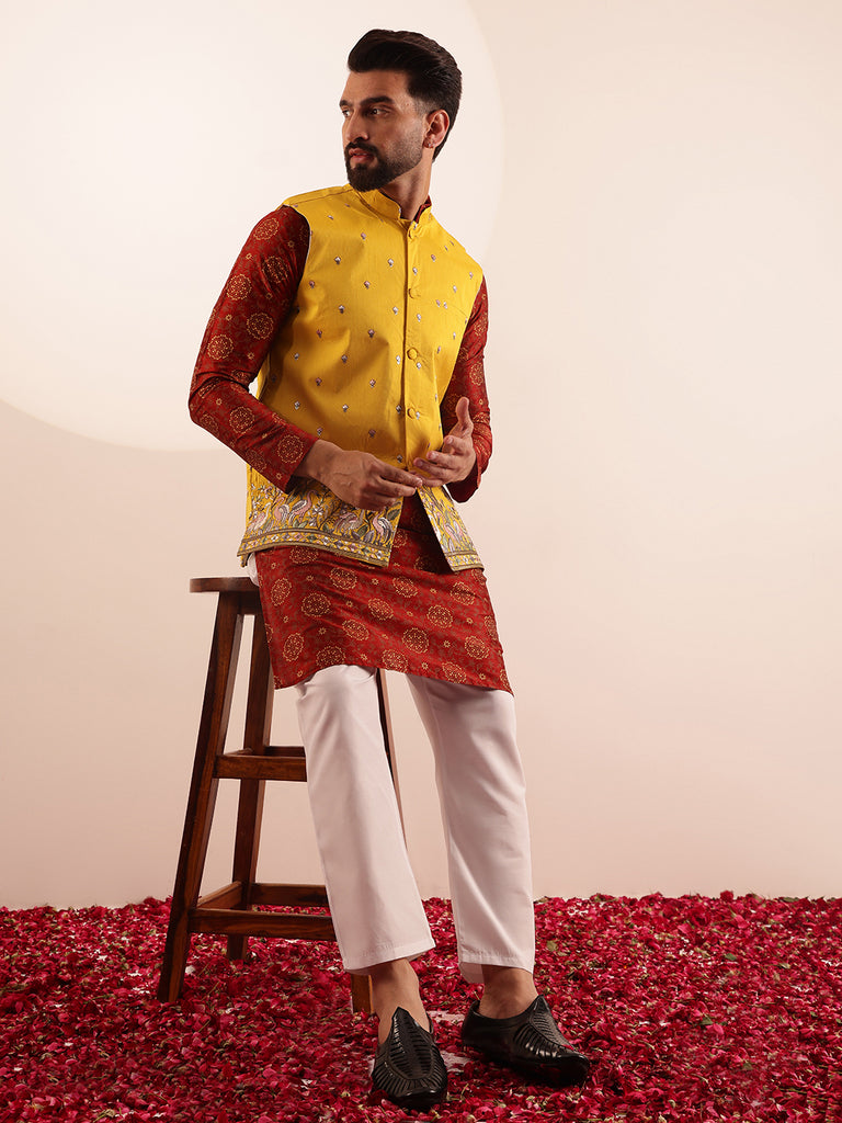 Men's Maroon & Yellow Silk Blend Printed Kurta Set