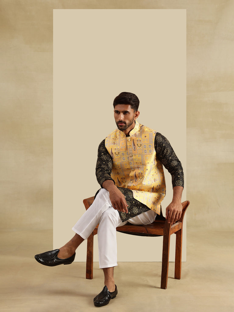 Men's Black & Yellow Silk Blend Printed Kurta Set