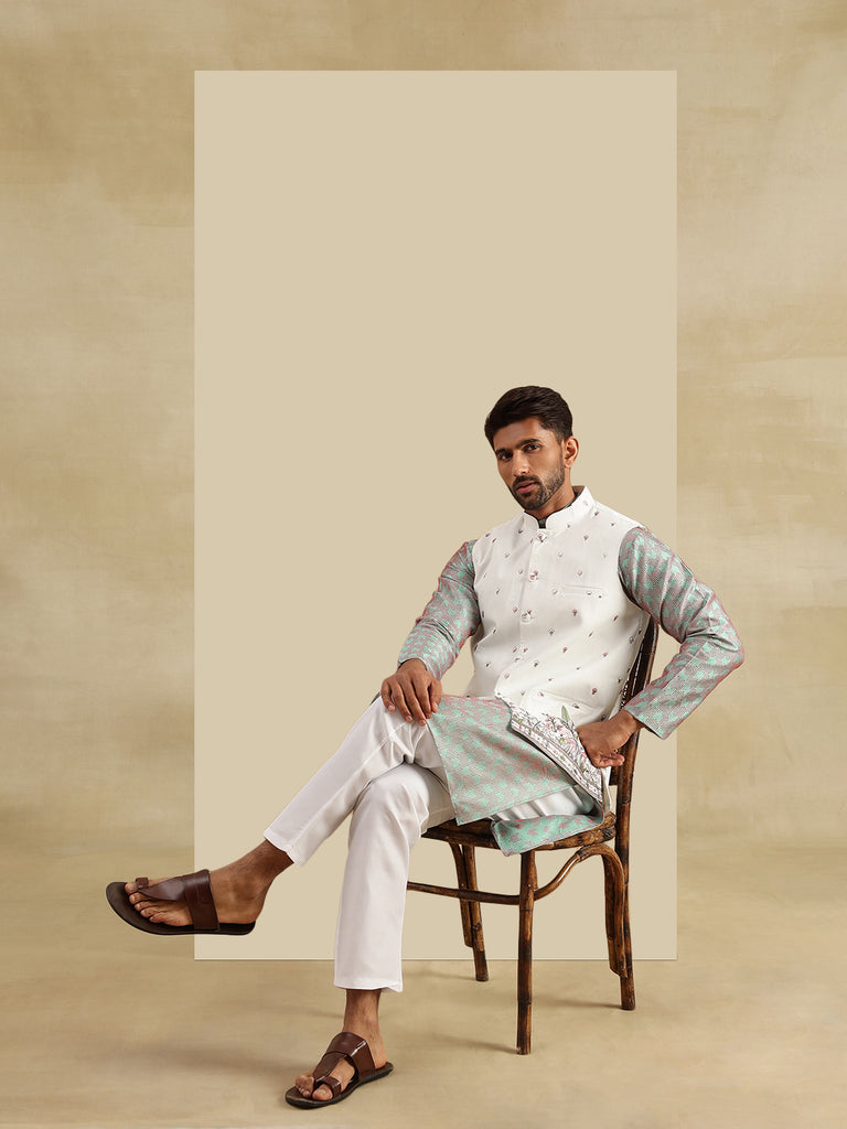 Men's Green & Cream Silk Blend Woven Kurta Set