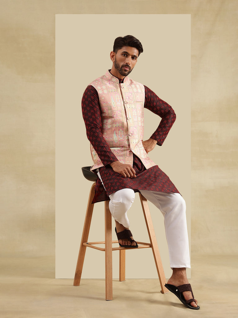 Men's Red & Pink Silk Blend Woven Kurta Set