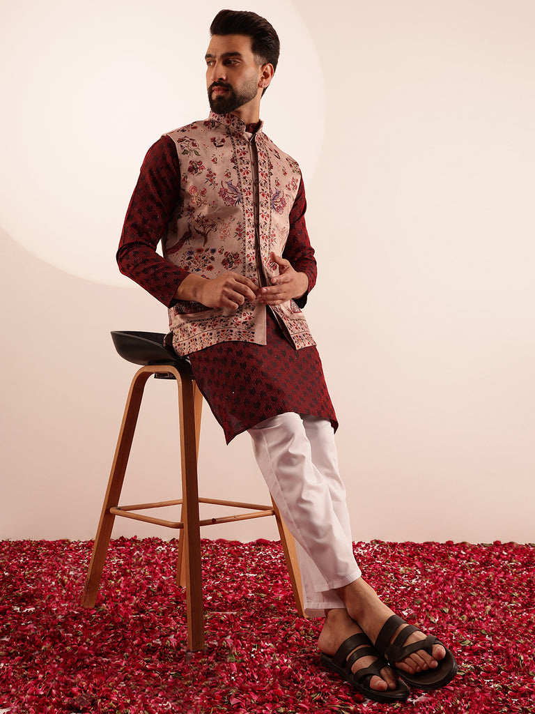 Men's Red & Maroon Silk Blend Woven Kurta Set