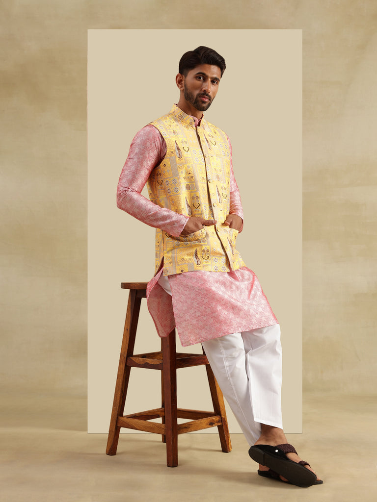 Men's Pink & Yellow Silk Blend Woven Kurta Set