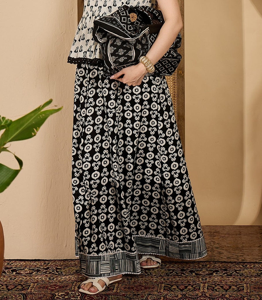 Women's Black Printed Cotton Skirt