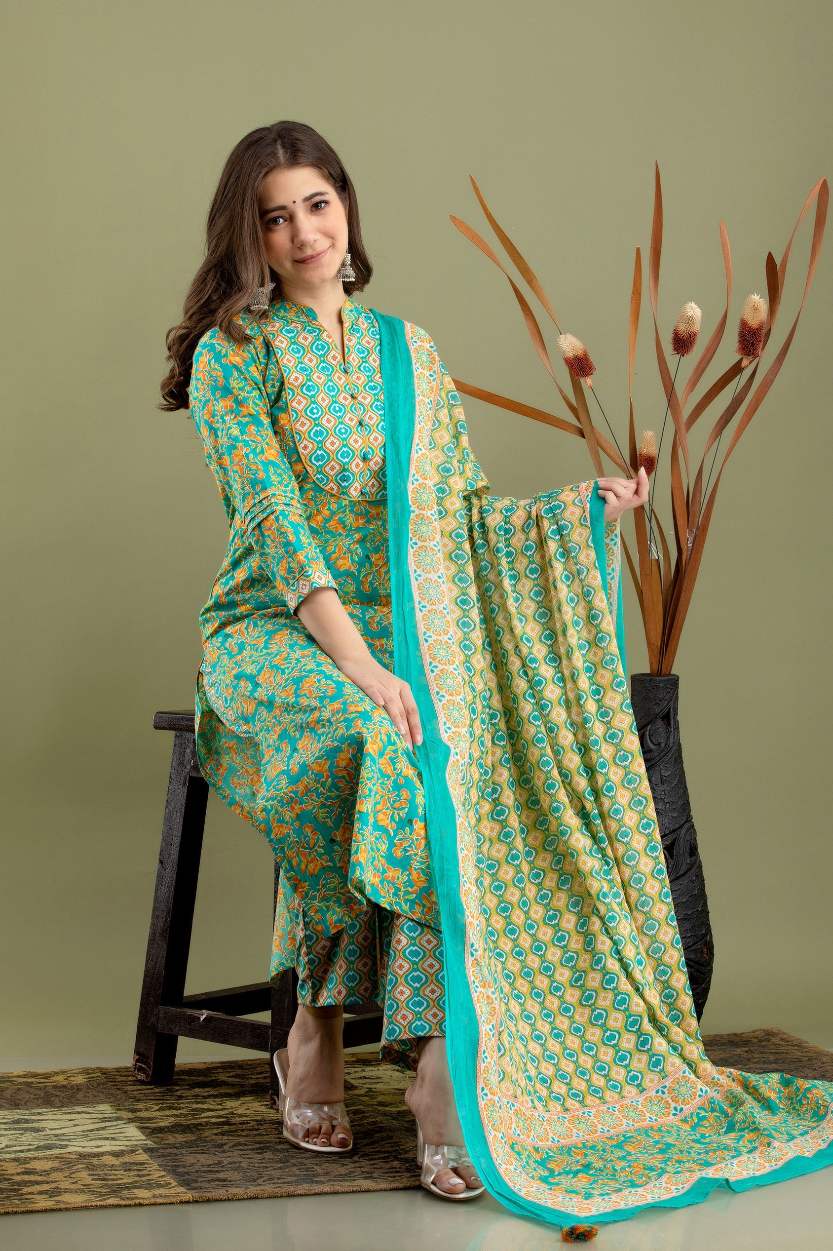 Women's Green printed kurta dupatta set - MISSKURTI USA