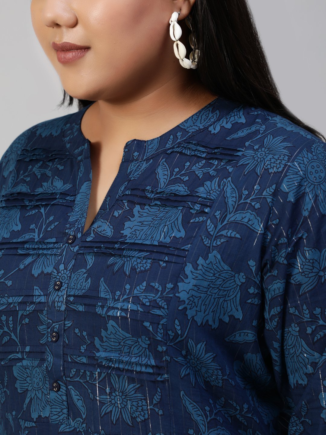 Women's Navy Blue Printed Tunic With Three Quarter Sleeves - Nayo Clothing USA