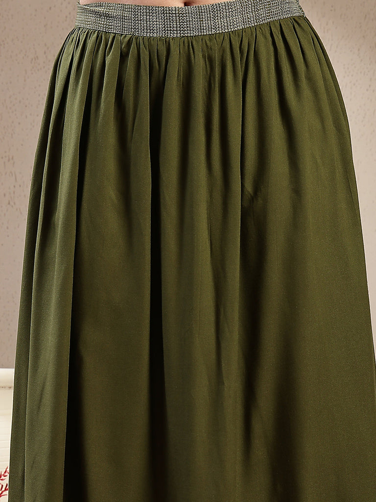 Women's Green Animal & Floral Printed Tiered Rayon Skirt