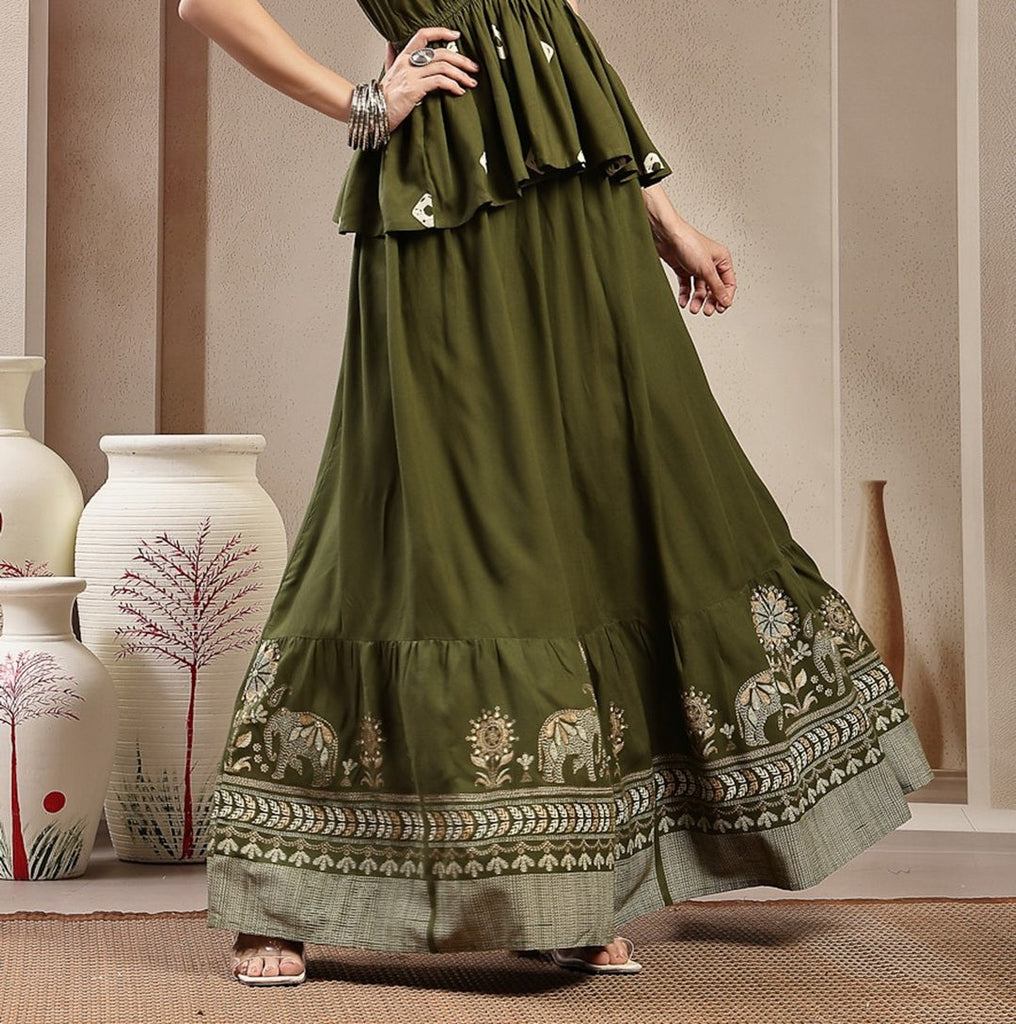 Women's Green Animal & Floral Printed Tiered Rayon Skirt