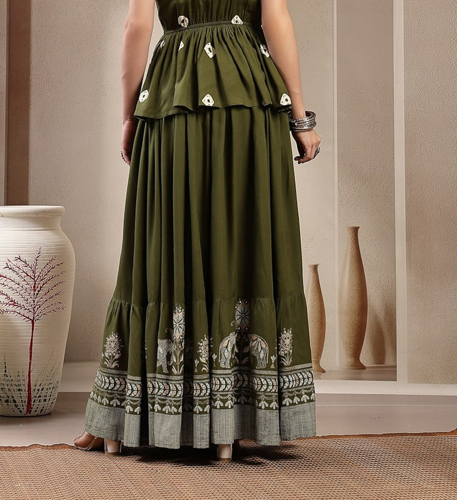 Women's Green Animal & Floral Printed Tiered Rayon Skirt