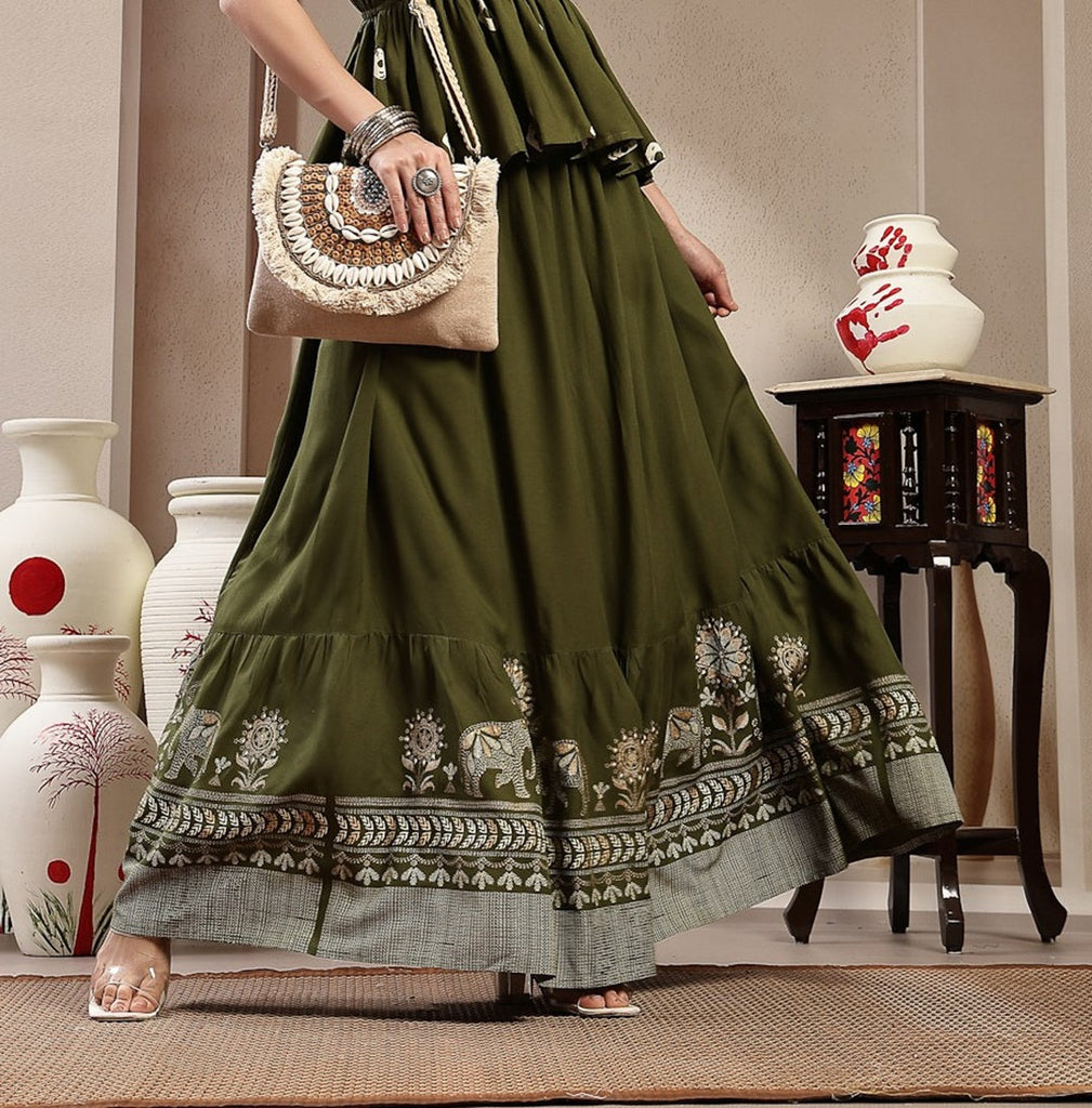 Women's Green Animal & Floral Printed Tiered Rayon Skirt