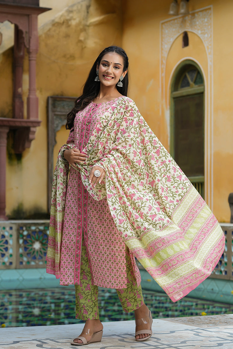 Women's Cotton Printed Kurta Pant Dupatta Set