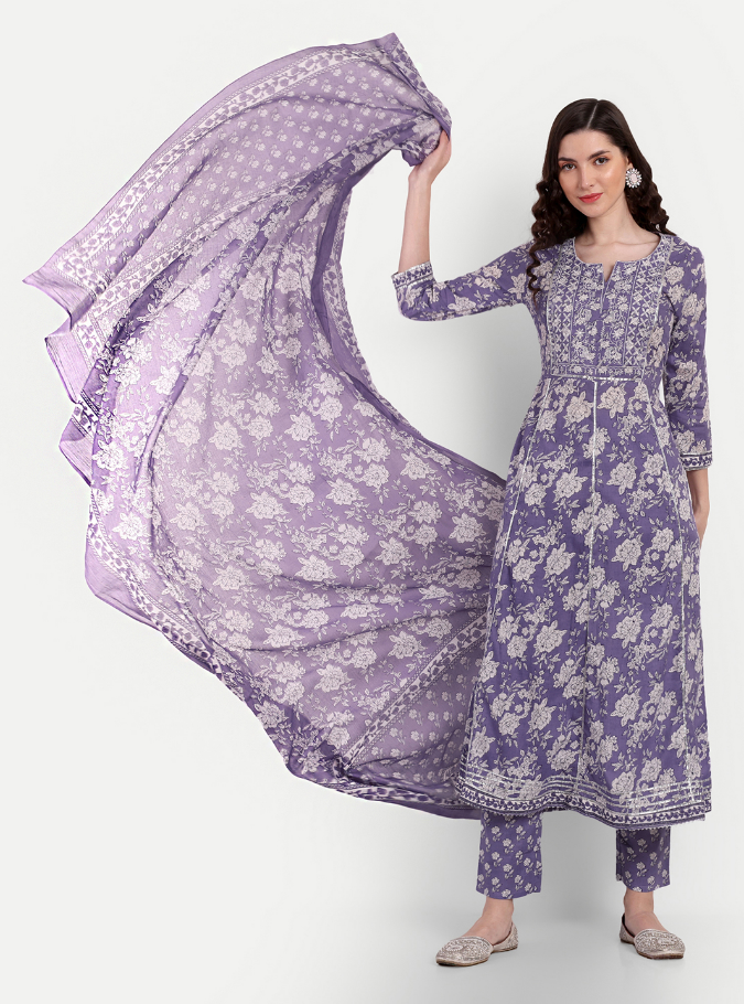 Women's Anarkali Cotton Printed Embroidered Kurta Pant And Dupatta