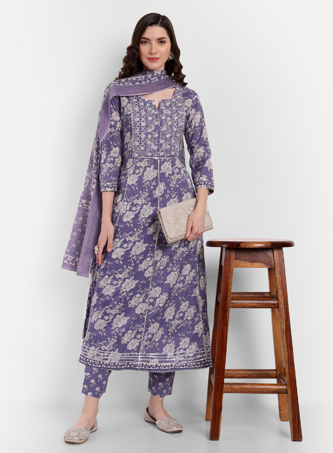 Women's Anarkali Cotton Printed Embroidered Kurta Pant And Dupatta - Singni