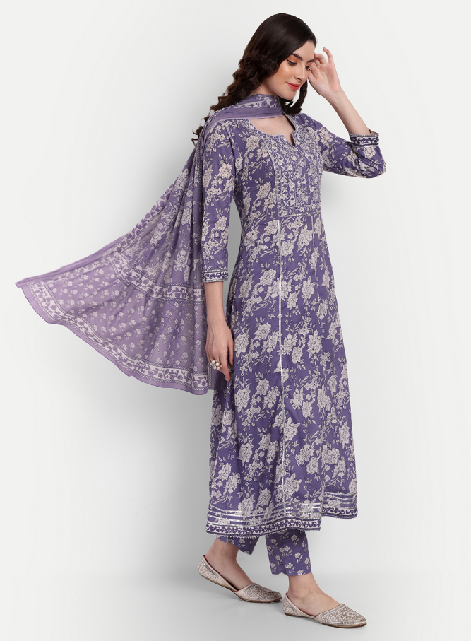 Women's Anarkali Cotton Printed Embroidered Kurta Pant And Dupatta