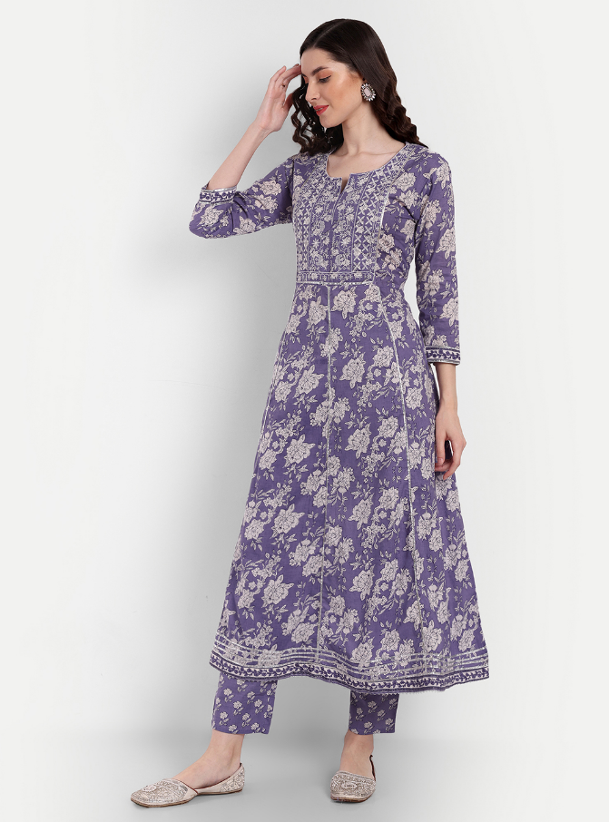 Women's Anarkali Cotton Printed Embroidered Kurta Pant And Dupatta