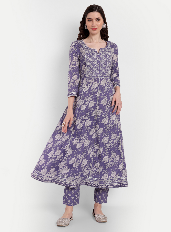 Women's Anarkali Cotton Printed Embroidered Kurta Pant And Dupatta