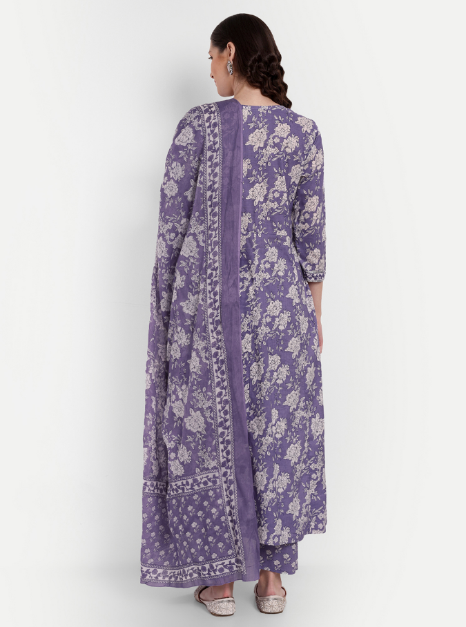 Women's Anarkali Cotton Printed Embroidered Kurta Pant And Dupatta
