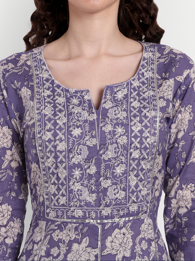 Women's Anarkali Cotton Printed Embroidered Kurta Pant And Dupatta