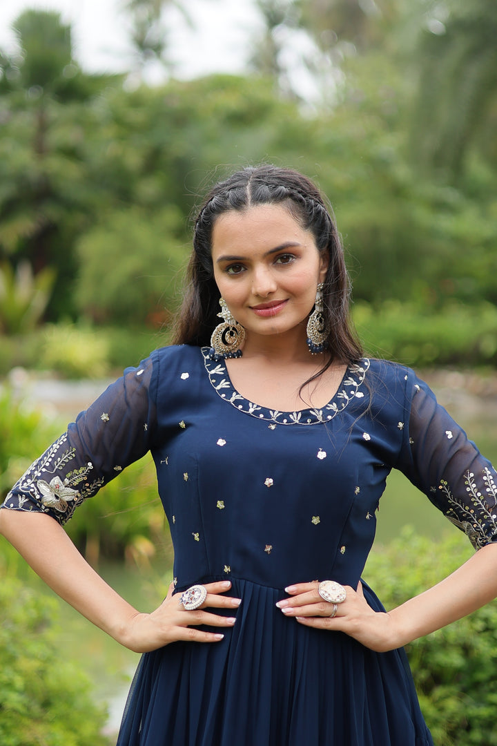 Women's Morpich Faux Blooming Sequins With Zari Embroidered Long Anarkali Dress