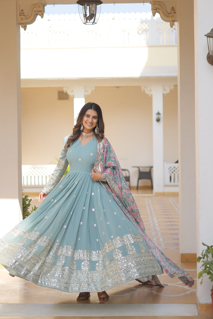 Women's Sky Blue Faux Georgette Sequins Zari Embroidered Anarkali Dress With Dupatta