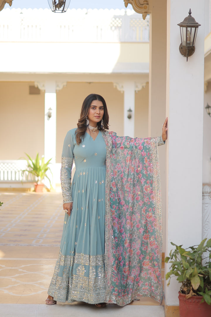 Women's Sky Blue Faux Georgette Sequins Zari Embroidered Anarkali Dress With Dupatta