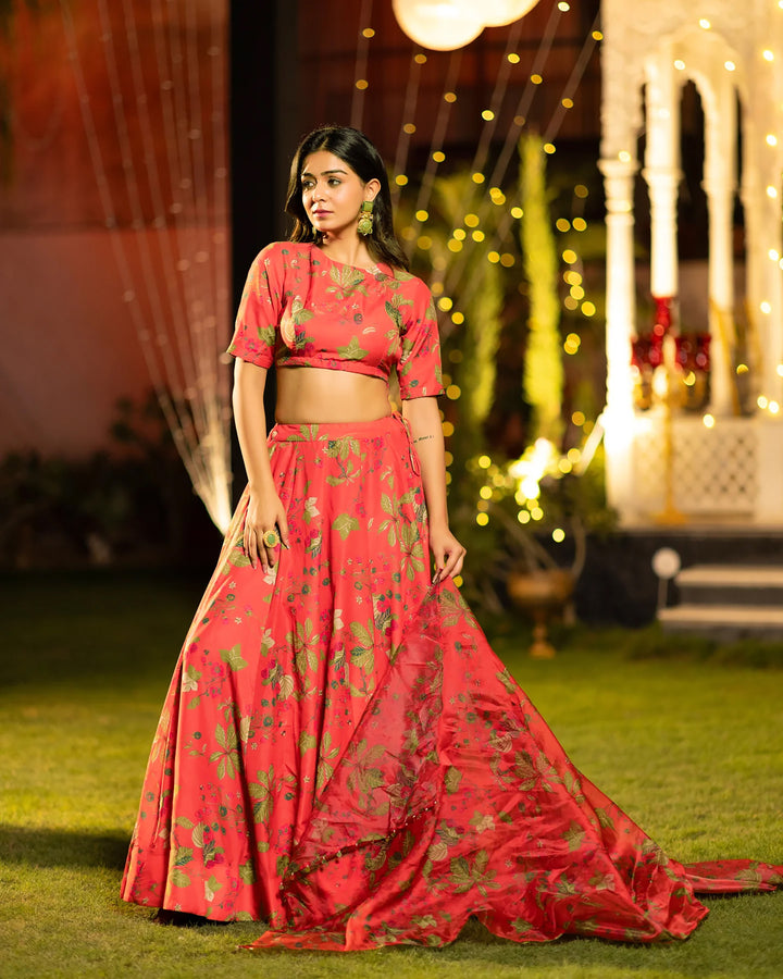 Women's Red Air Tex Chinon Digital Printed Lehenga Choli With Dupatta