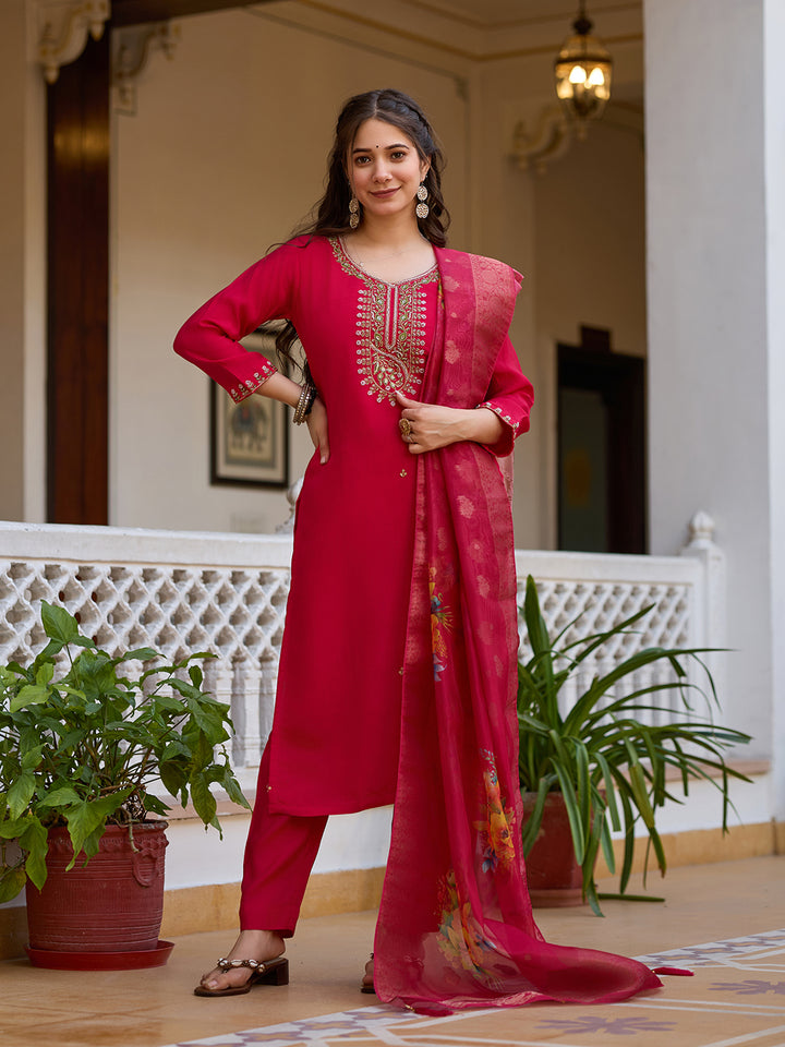 Women's Maharani Viscose Chanderi Embroidered Beads Kurta Set With Dupatta