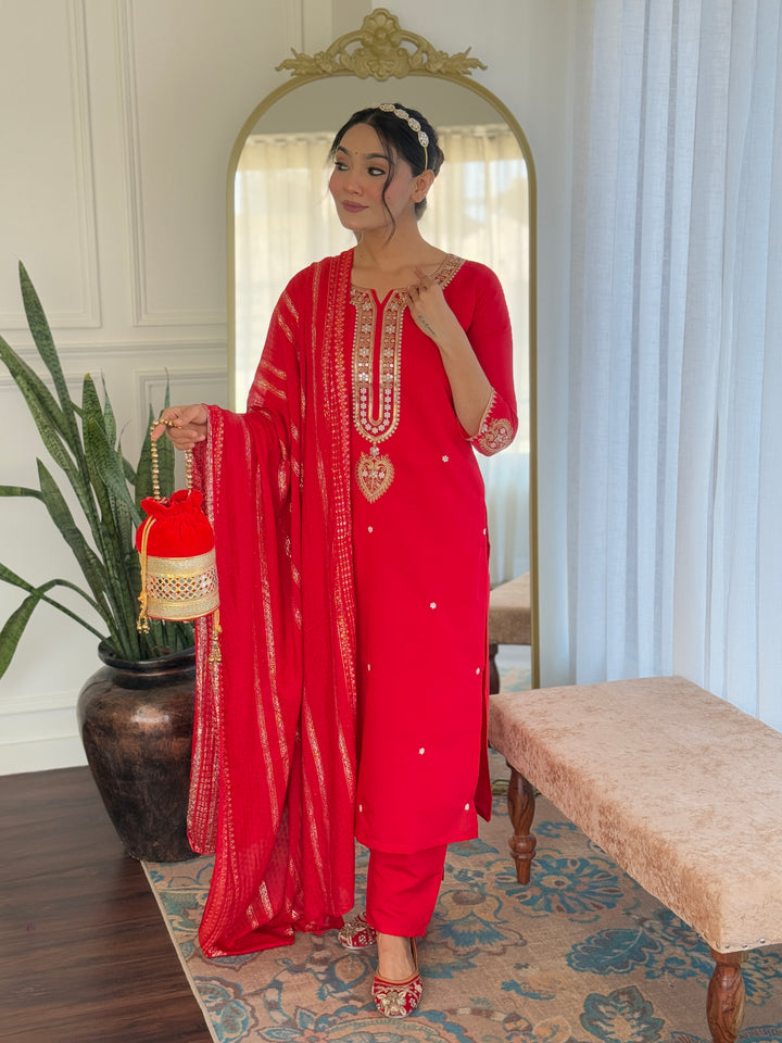 Women's Red Viscose Chanderi Kurta Set With Dupatta
