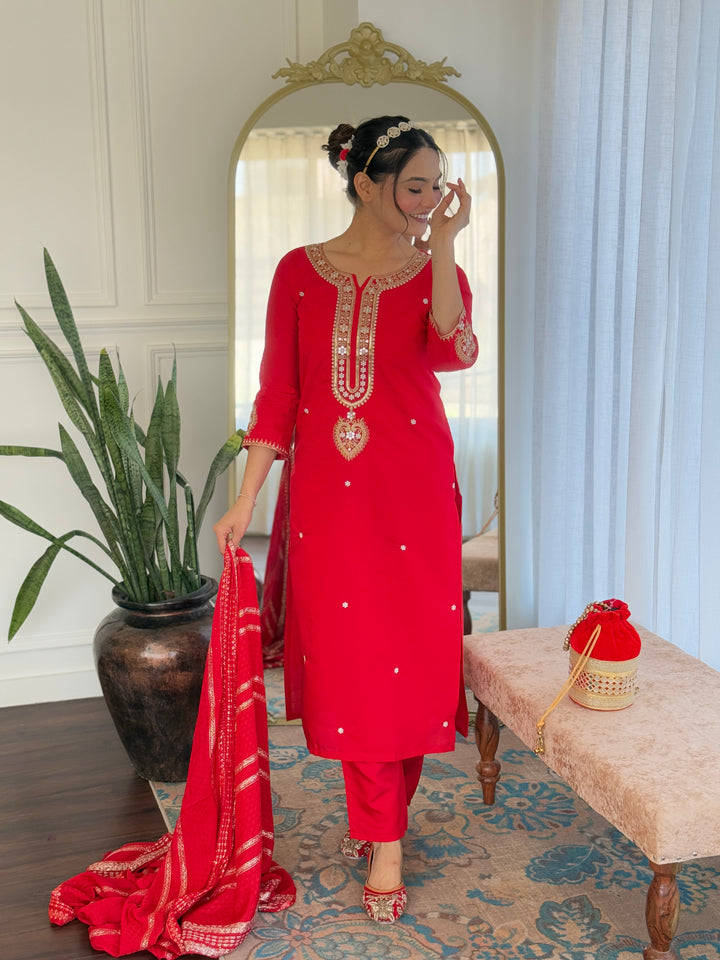 Women's Red Viscose Chanderi Kurta Set With Dupatta