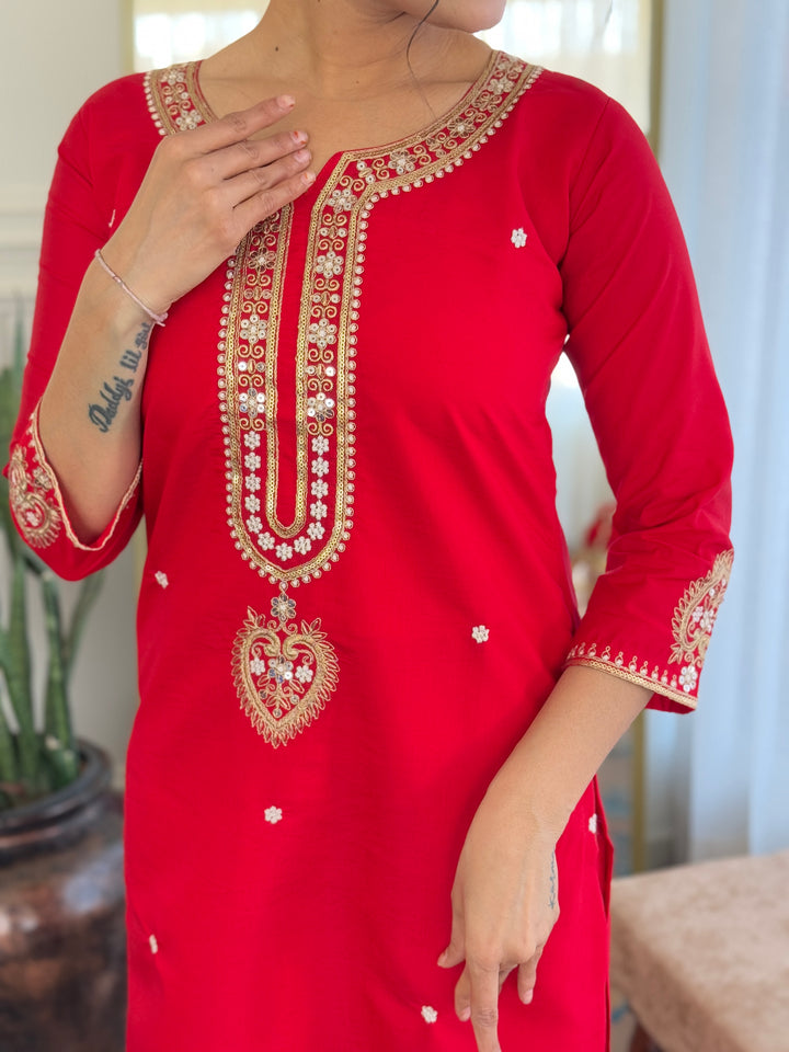 Women's Red Viscose Chanderi Kurta Set With Dupatta