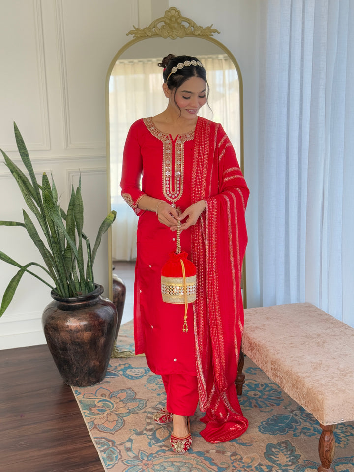 Women's Red Viscose Chanderi Kurta Set With Dupatta