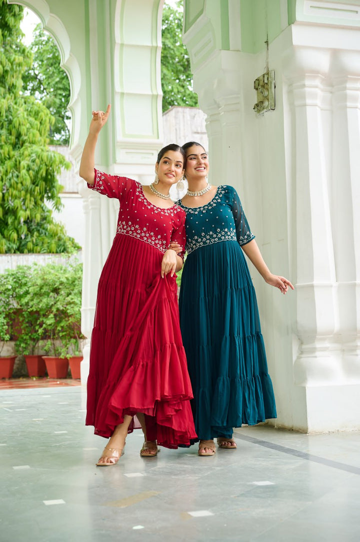 Women's Rama & Maroon Faux Blooming Beads Embroidered Work Anarkalis