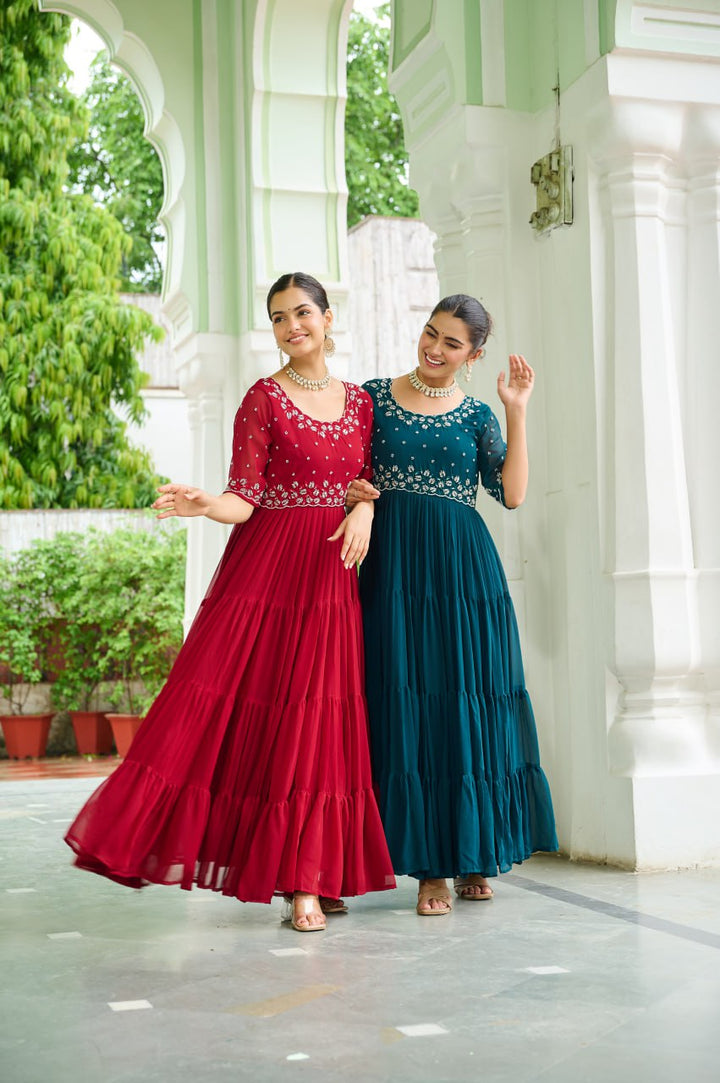 Women's Rama & Maroon Faux Blooming Beads Embroidered Work Anarkalis