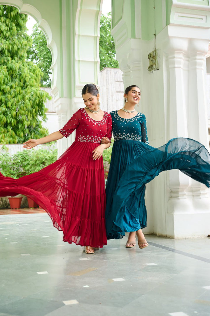 Women's Rama & Maroon Faux Blooming Beads Embroidered Work Anarkalis