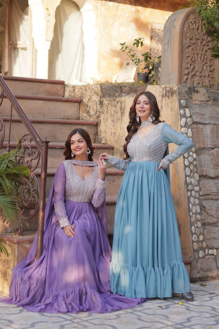 Women's Lavender & Seagreen Star Georgette Embroidered Beads Sequins Work Anarkalis  With Dupatta